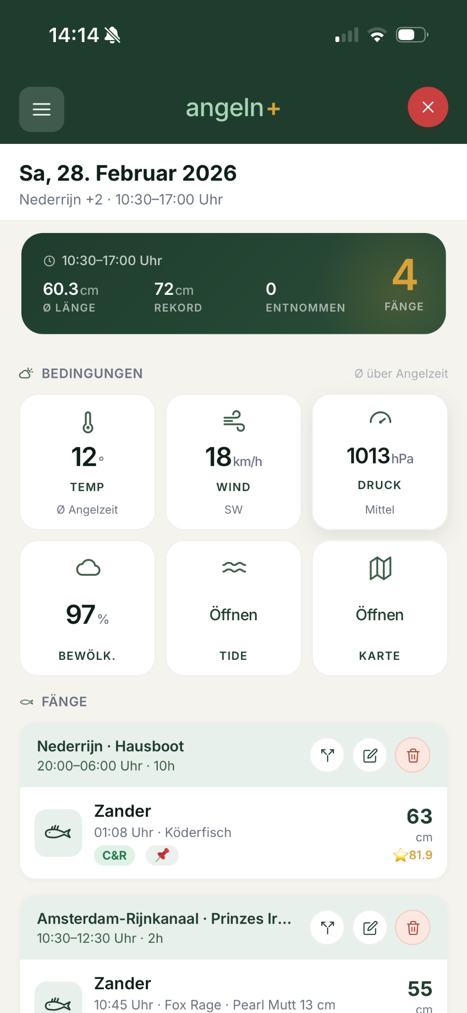 Angeln+ Fangbuch und Session Ansicht